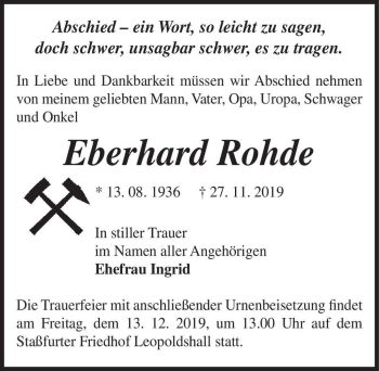 Traueranzeige von Eberhard Rohde  von Magdeburger Volksstimme