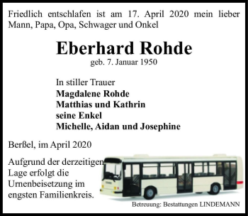 Traueranzeige von Eberhard Rohde  von Magdeburger Volksstimme