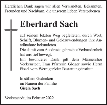 Traueranzeige von Eberhard Sach  von Magdeburger Volksstimme