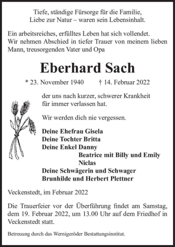 Traueranzeige von Eberhard Sach  von Magdeburger Volksstimme