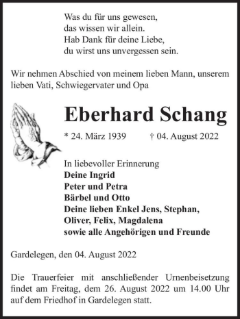 Traueranzeige von Eberhard Schang  von Magdeburger Volksstimme
