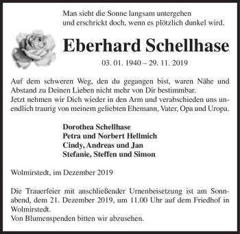 Traueranzeige von Eberhard Schellhase  von Magdeburger Volksstimme
