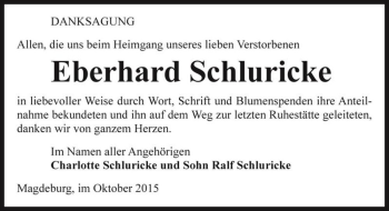 Traueranzeige von Eberhard Schluricke  von Magdeburger Volksstimme
