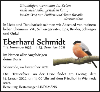 Traueranzeige von Eberhard Schmidt  von Magdeburger Volksstimme