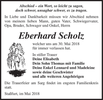 Traueranzeige von Eberhard Scholz  von Magdeburger Volksstimme