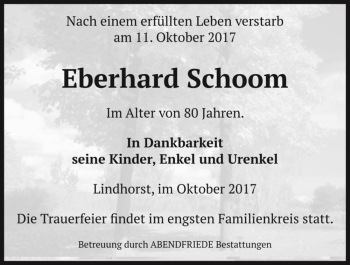 Traueranzeige von Eberhard Schoom  von Magdeburger Volksstimme