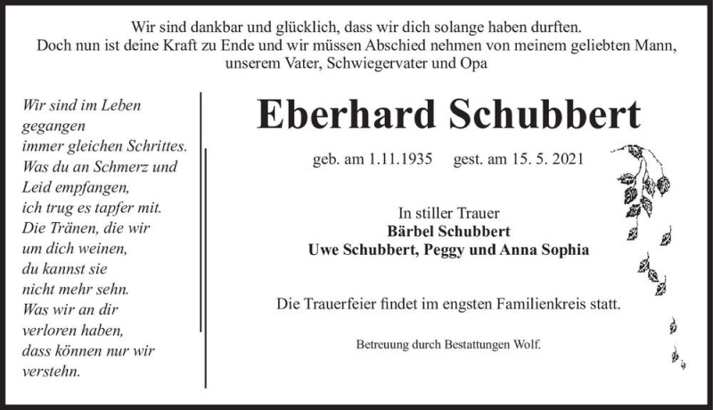  Traueranzeige für Eberhard Schubbert  vom 22.05.2021 aus Magdeburger Volksstimme