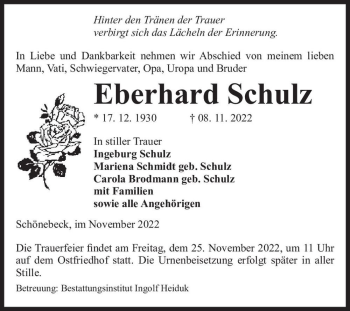 Traueranzeige von Eberhard Schulz  von Magdeburger Volksstimme