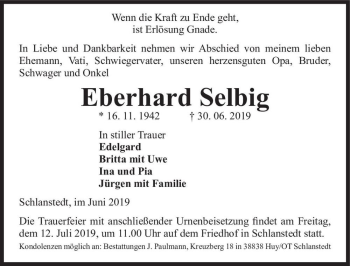 Traueranzeige von Eberhard Selbig  von Magdeburger Volksstimme