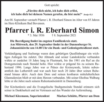 Traueranzeige von Eberhard Simon  von Magdeburger Volksstimme