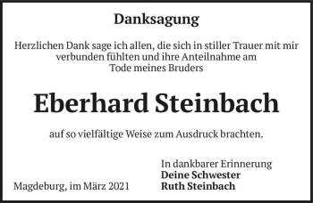 Traueranzeige von Eberhard Steinbach  von Magdeburger Volksstimme