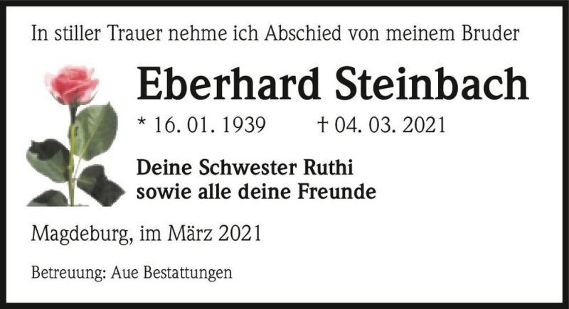  Traueranzeige für Eberhard Steinbach  vom 13.03.2021 aus Magdeburger Volksstimme