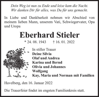 Traueranzeige von Eberhard Stieler  von Magdeburger Volksstimme