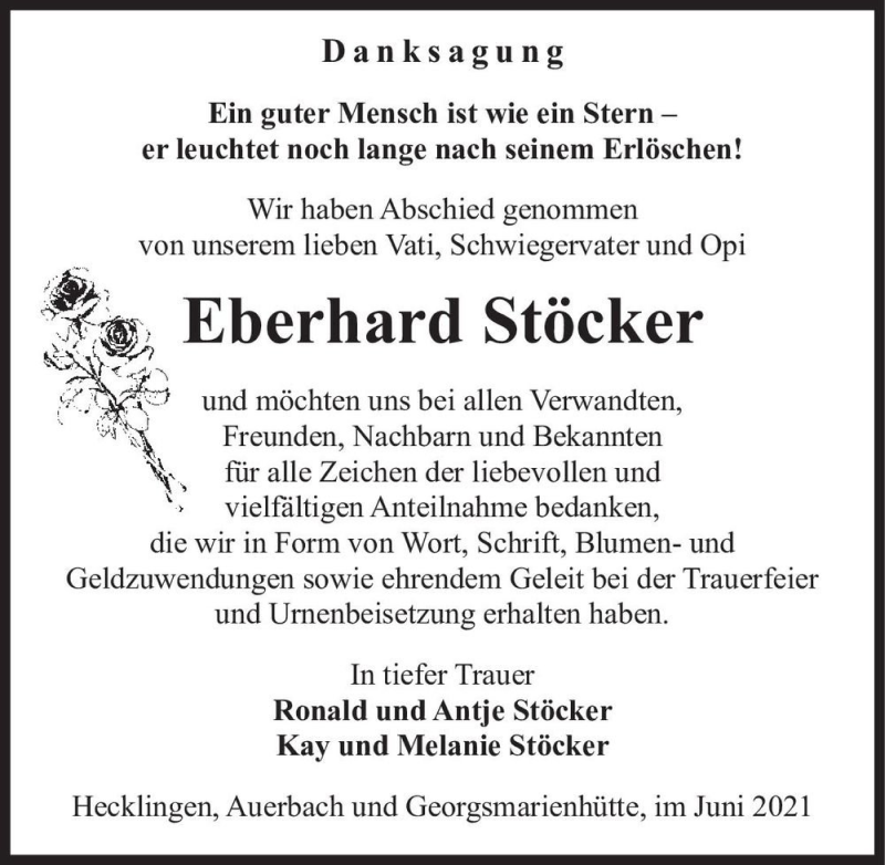  Traueranzeige für Eberhard Stöcker  vom 19.06.2021 aus Magdeburger Volksstimme