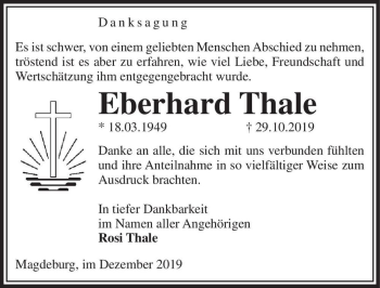 Traueranzeige von Eberhard Thale  von Magdeburger Volksstimme