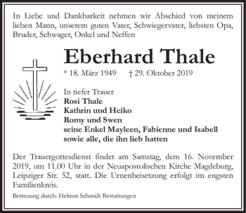 Traueranzeige von Eberhard Thale  von Magdeburger Volksstimme