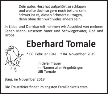 Traueranzeige von Eberhard Tomale  von Magdeburger Volksstimme