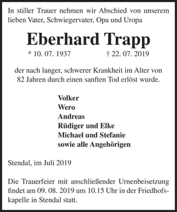 Traueranzeige von Eberhard Trapp  von Magdeburger Volksstimme