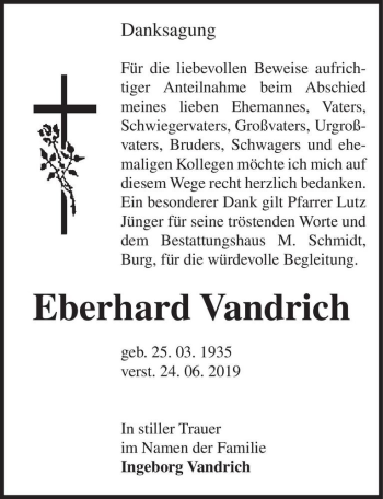 Traueranzeige von Eberhard Vandrich  von Magdeburger Volksstimme