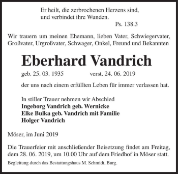 Traueranzeige von Eberhard Vandrich  von Magdeburger Volksstimme