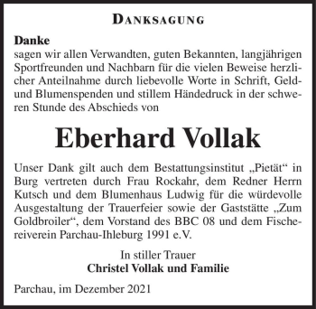 Traueranzeige von Eberhard Vollak  von Magdeburger Volksstimme