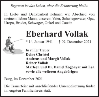 Traueranzeige von Eberhard Vollak  von Magdeburger Volksstimme