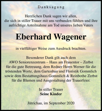 Traueranzeige von Eberhard Wagener  von Magdeburger Volksstimme