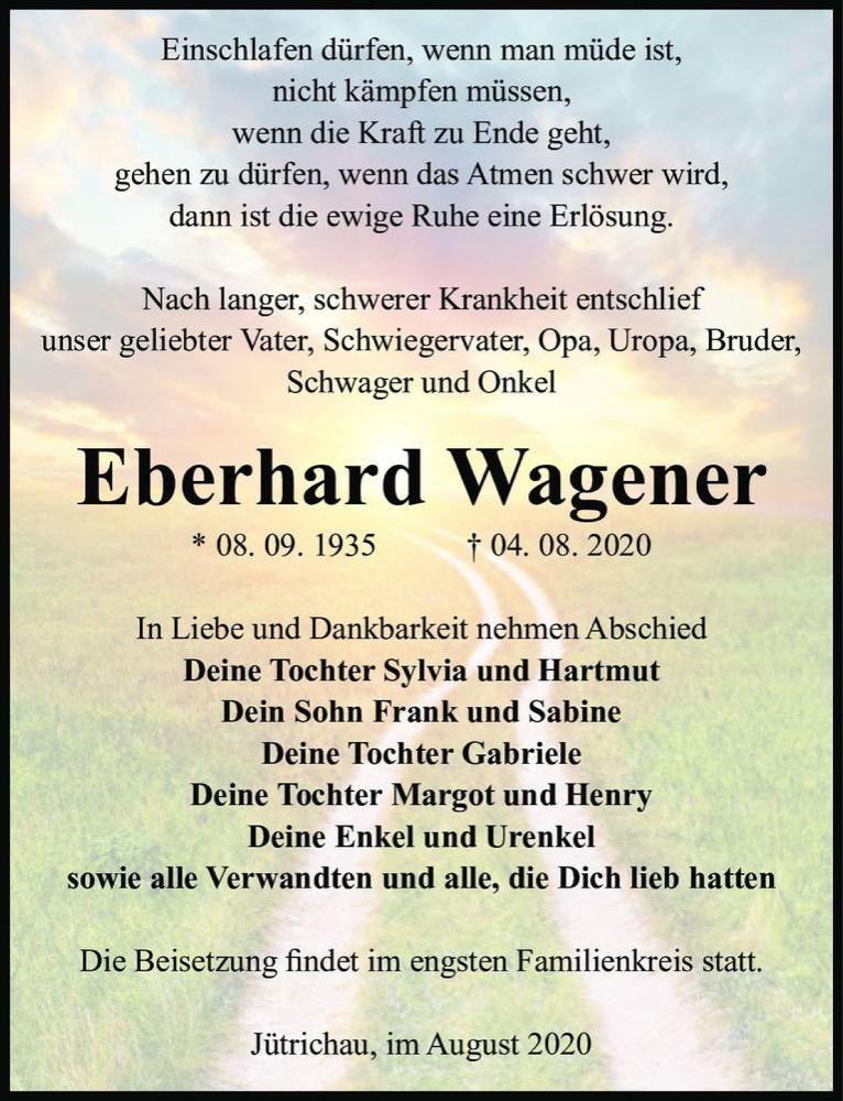  Traueranzeige für Eberhard Wagener  vom 15.08.2020 aus Magdeburger Volksstimme