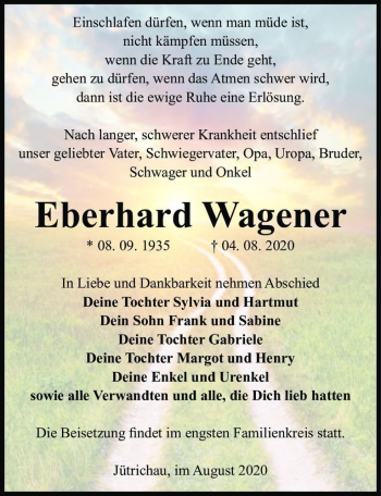 Traueranzeige von Eberhard Wagener  von Magdeburger Volksstimme