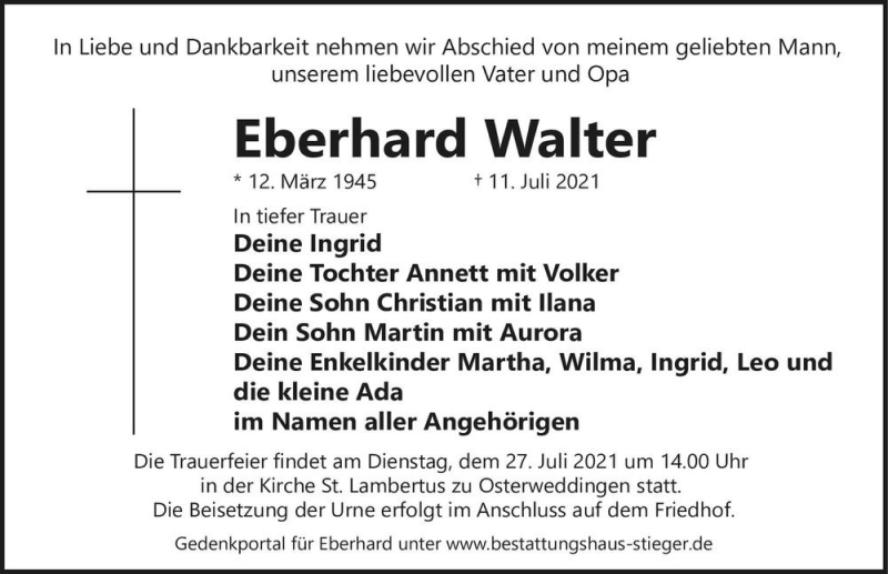  Traueranzeige für Eberhard Walter  vom 24.07.2021 aus Magdeburger Volksstimme