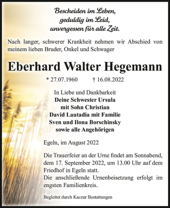 Traueranzeige von Eberhard Walter Hegemann  von Magdeburger Volksstimme