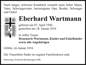 Traueranzeige von Eberhard Wartmann  von Magdeburger Volksstimme