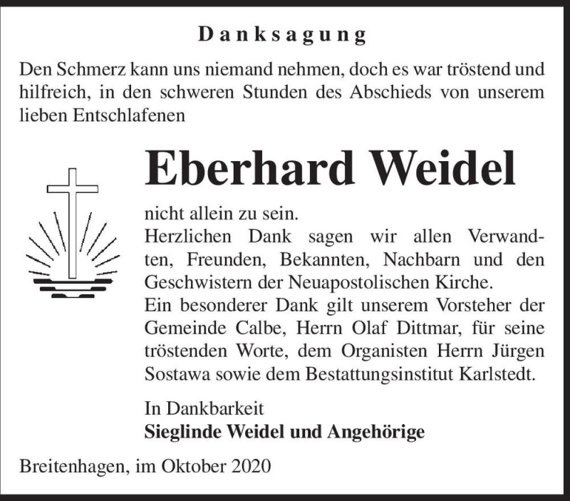  Traueranzeige für Eberhard Weidel  vom 30.10.2020 aus Magdeburger Volksstimme