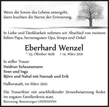 Traueranzeige von Eberhard Wenzel  von Magdeburger Volksstimme