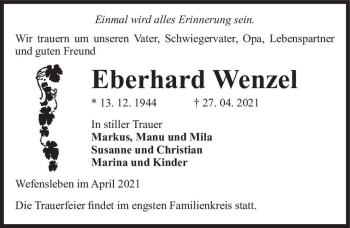 Traueranzeige von Eberhard Wenzel  von Magdeburger Volksstimme
