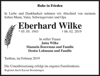 Traueranzeige von Eberhard Wilke  von Magdeburger Volksstimme