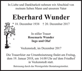 Traueranzeige von Eberhard Wunder  von Magdeburger Volksstimme