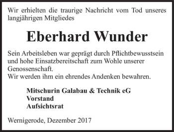 Traueranzeige von Eberhard Wunder  von Magdeburger Volksstimme