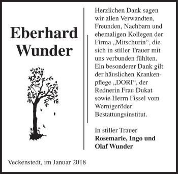 Traueranzeige von Eberhard Wunder  von Magdeburger Volksstimme