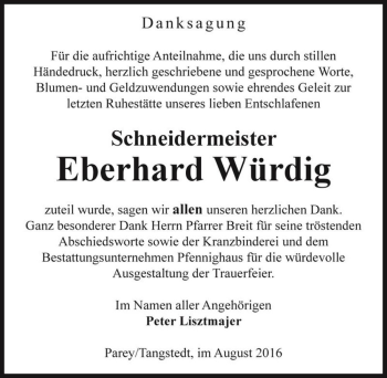 Traueranzeige von Eberhard Würdig  von Magdeburger Volksstimme