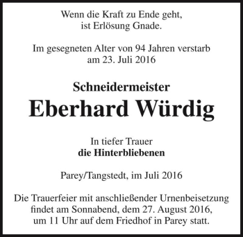 Traueranzeige von Eberhard Würdig  von Magdeburger Volksstimme