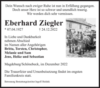 Traueranzeige von Eberhard Ziegler  von Magdeburger Volksstimme