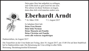Traueranzeige von Eberhardt Arndt  von Magdeburger Volksstimme
