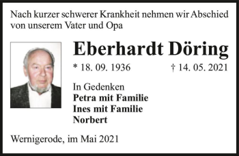 Traueranzeige von Eberhardt Döring  von Magdeburger Volksstimme