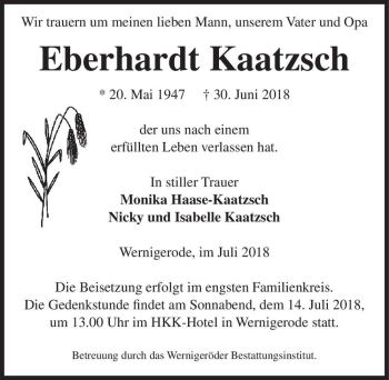 Traueranzeige von Eberhardt Kaatzsch  von Magdeburger Volksstimme
