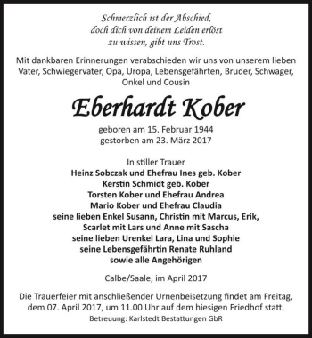 Traueranzeige von Eberhardt Kober  von Magdeburger Volksstimme