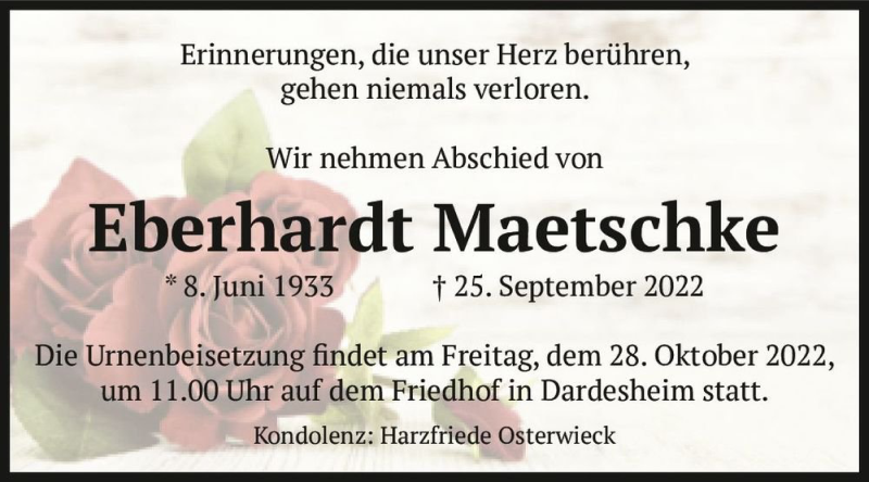  Traueranzeige für Eberhardt Maetschke  vom 01.10.2022 aus Magdeburger Volksstimme