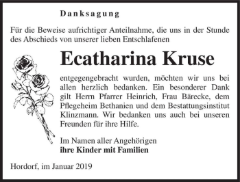 Traueranzeige von Ecatharina Kruse  von Magdeburger Volksstimme