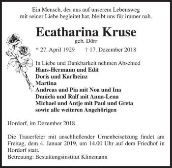 Traueranzeige von Ecatharina Kruse (geb. Dörr)  von Magdeburger Volksstimme
