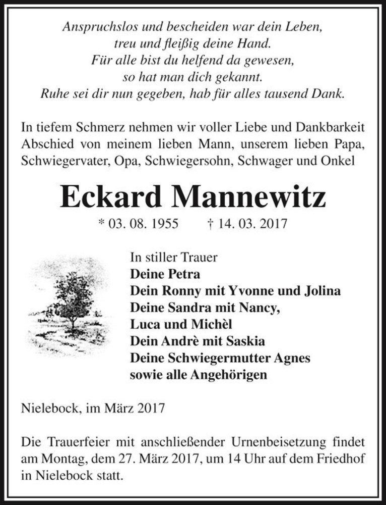  Traueranzeige für Eckard Mannewitz  vom 18.03.2017 aus Magdeburger Volksstimme